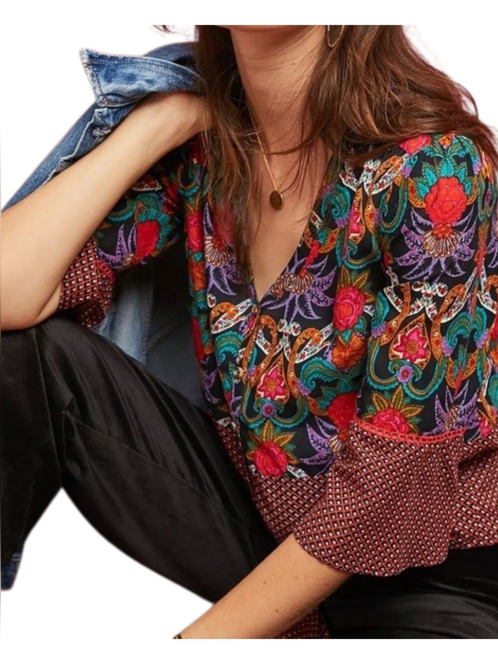 Maeve Anthropologie Carter Floral Blouse Size 12 V Neck 3/4 Sleeve